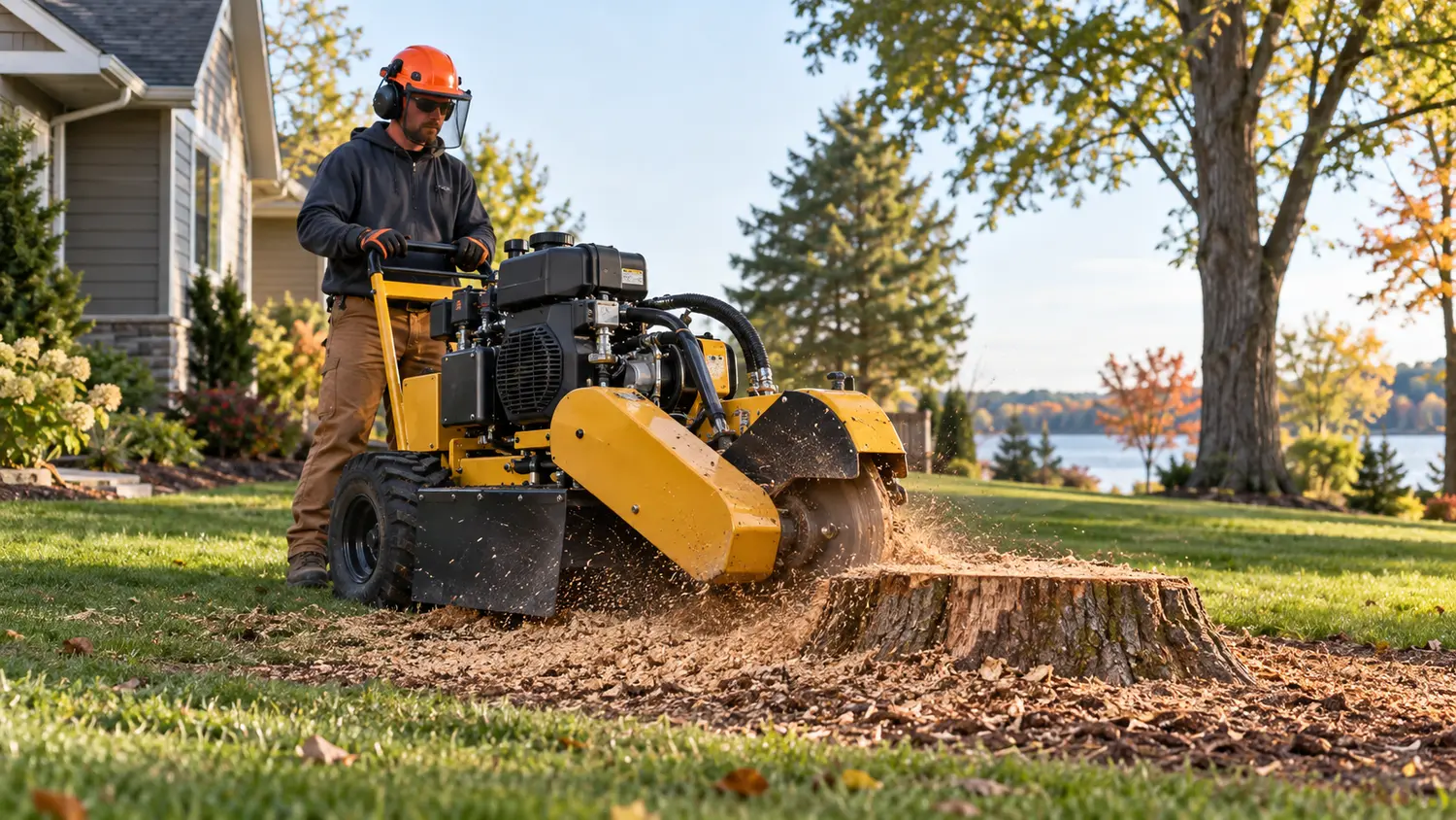 Operator using a stump grinder in a residential yard