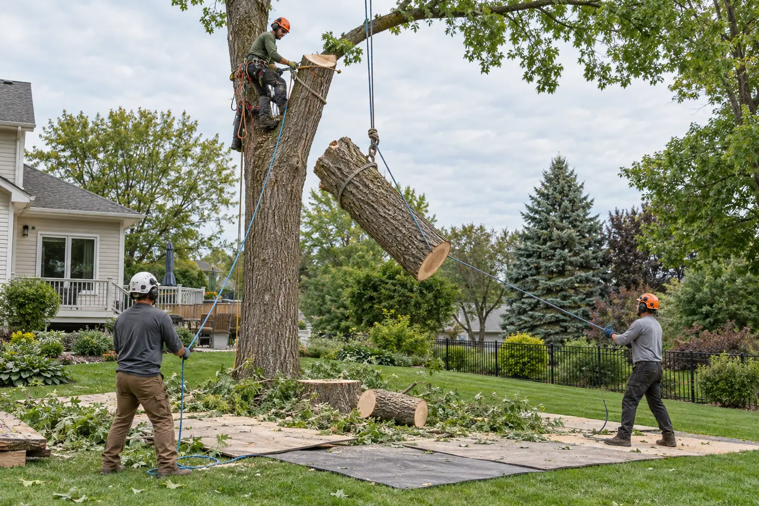 Tree removal crew lowering a section of trunk with controlled rigging