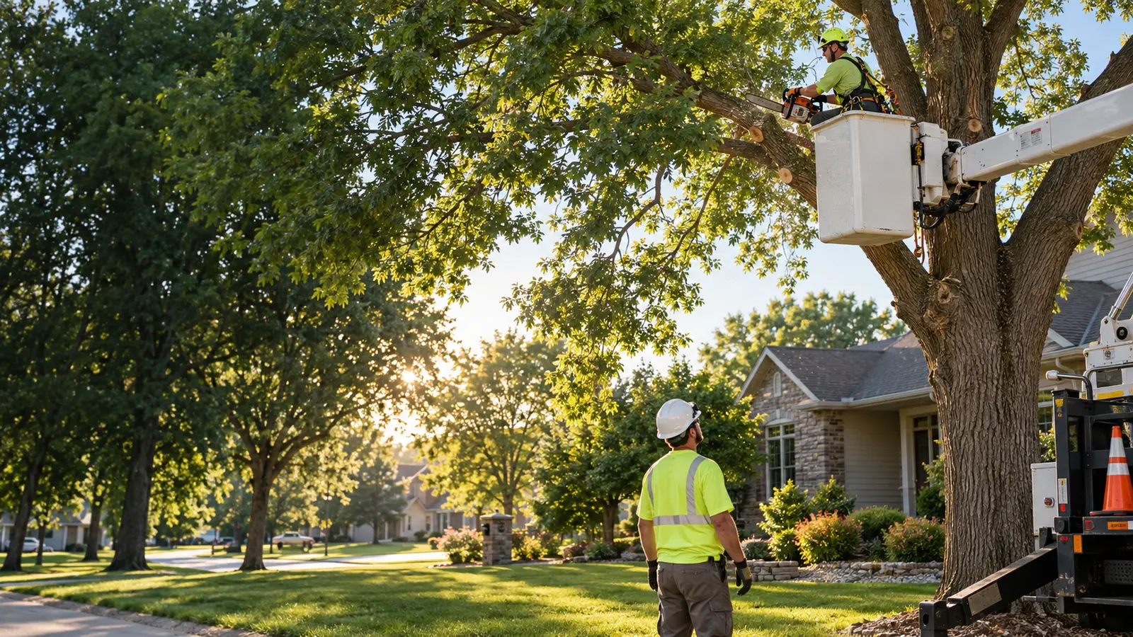 Tree-service crew pruning a mature shade tree from a bucket lift